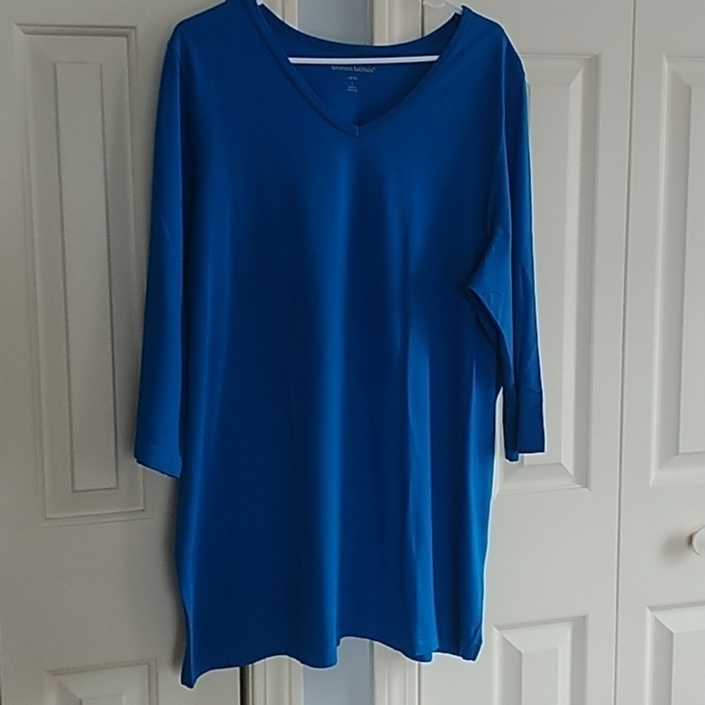 Woman Within Blue Cotton V Neck Tunic Top L 18/20